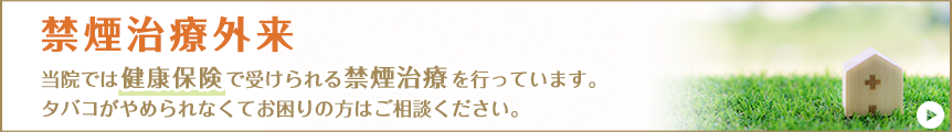 禁煙治療外来：当院では健康保険で受けられる禁煙治療を行っています。タバコがやめられなくてお困りの方はご相談ください。